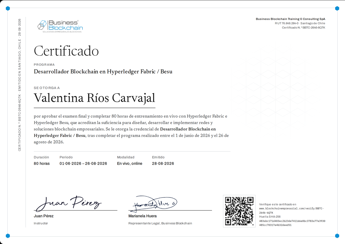 Certificado de muestra de Business Blockchain con código QR de verificación